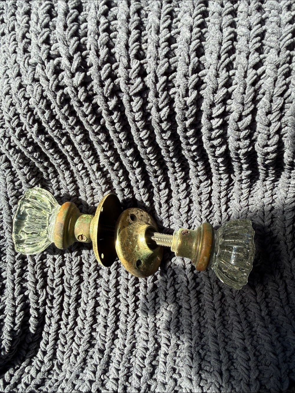 Vintage Glass Door Knob Set in Clear Glass and Brass Finish crystal